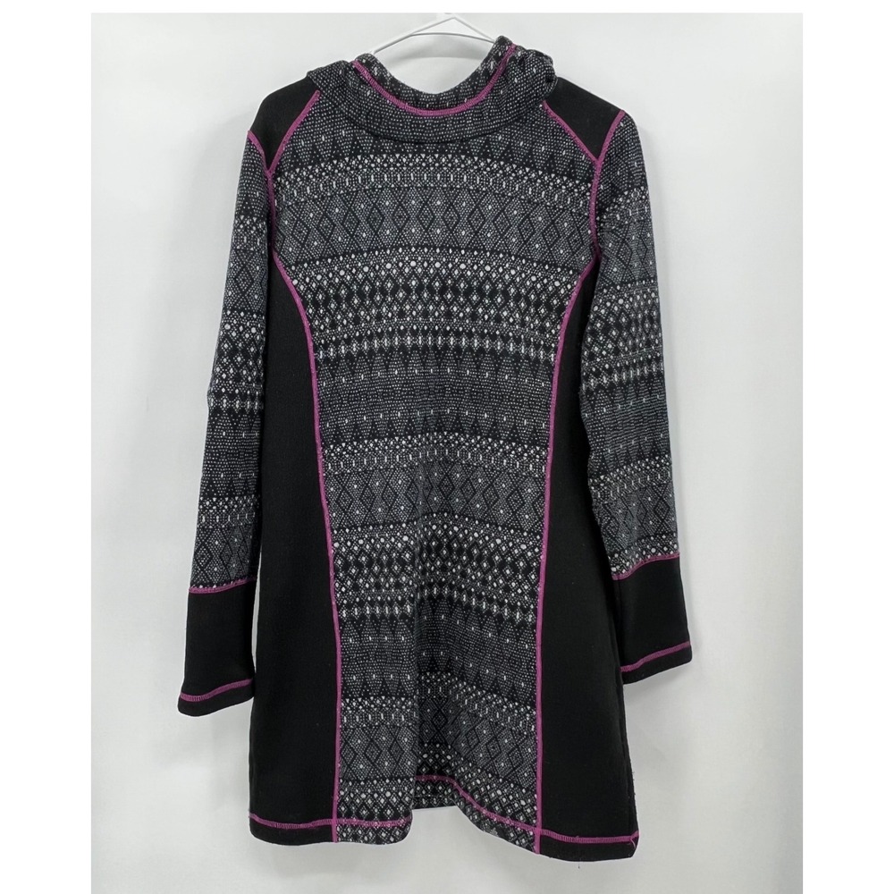 prAna Large Tunic Hoodie Dress Womens Black Geometric Fair Isle Purple Stitching